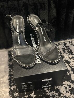 Alexander Wang Black Clear-Strap Slingback Heels with Silver Bead Trim